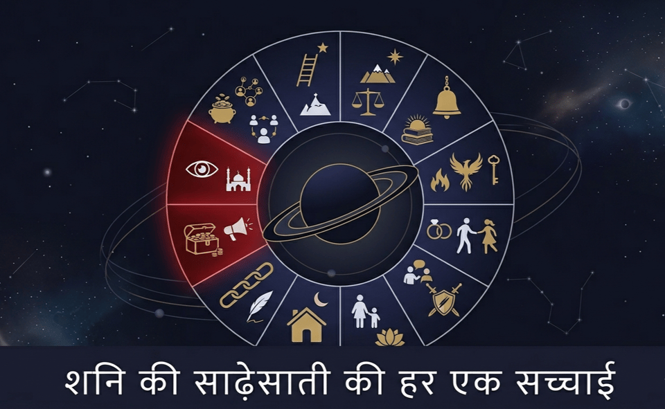 Diagram illustrating Saturn's 7.5-year Sade Sati transit across the 12th, 1st, and 2nd houses from the natal Moon in Vedic astrology
